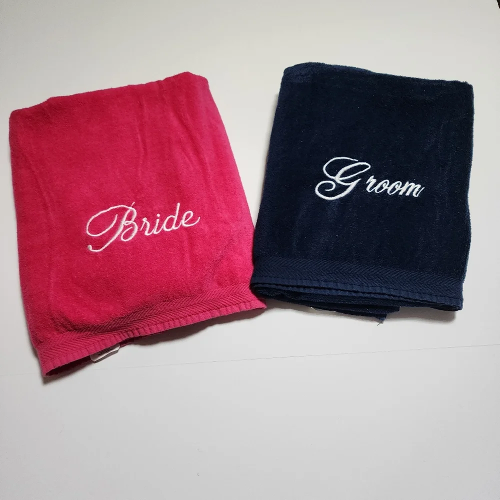 Bride and Groom beach towels set of two honeymoon beach towels Pink and Blue
